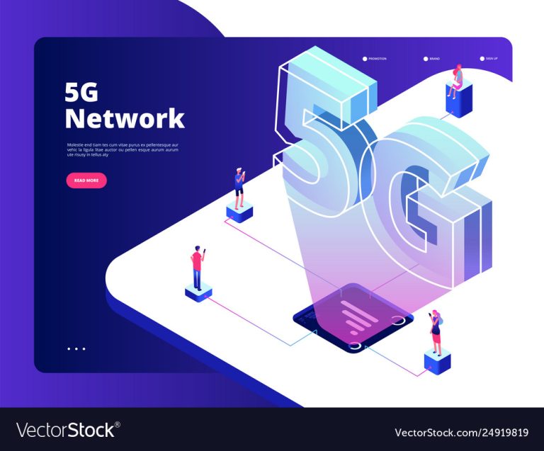 Network 5g. Wireless Data Transmission 5g Technology Internet Speed Broadband Five Hotspots Wifi Global Networking Landing Vector Page